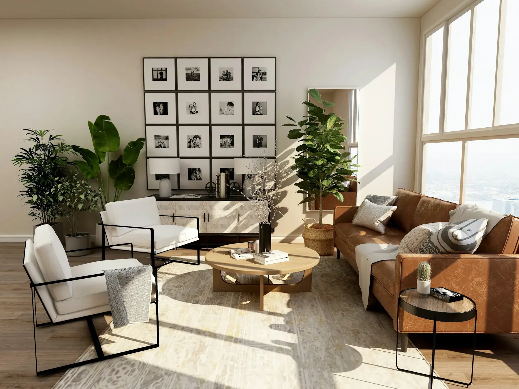 Warm living room with a leather sofa and plants