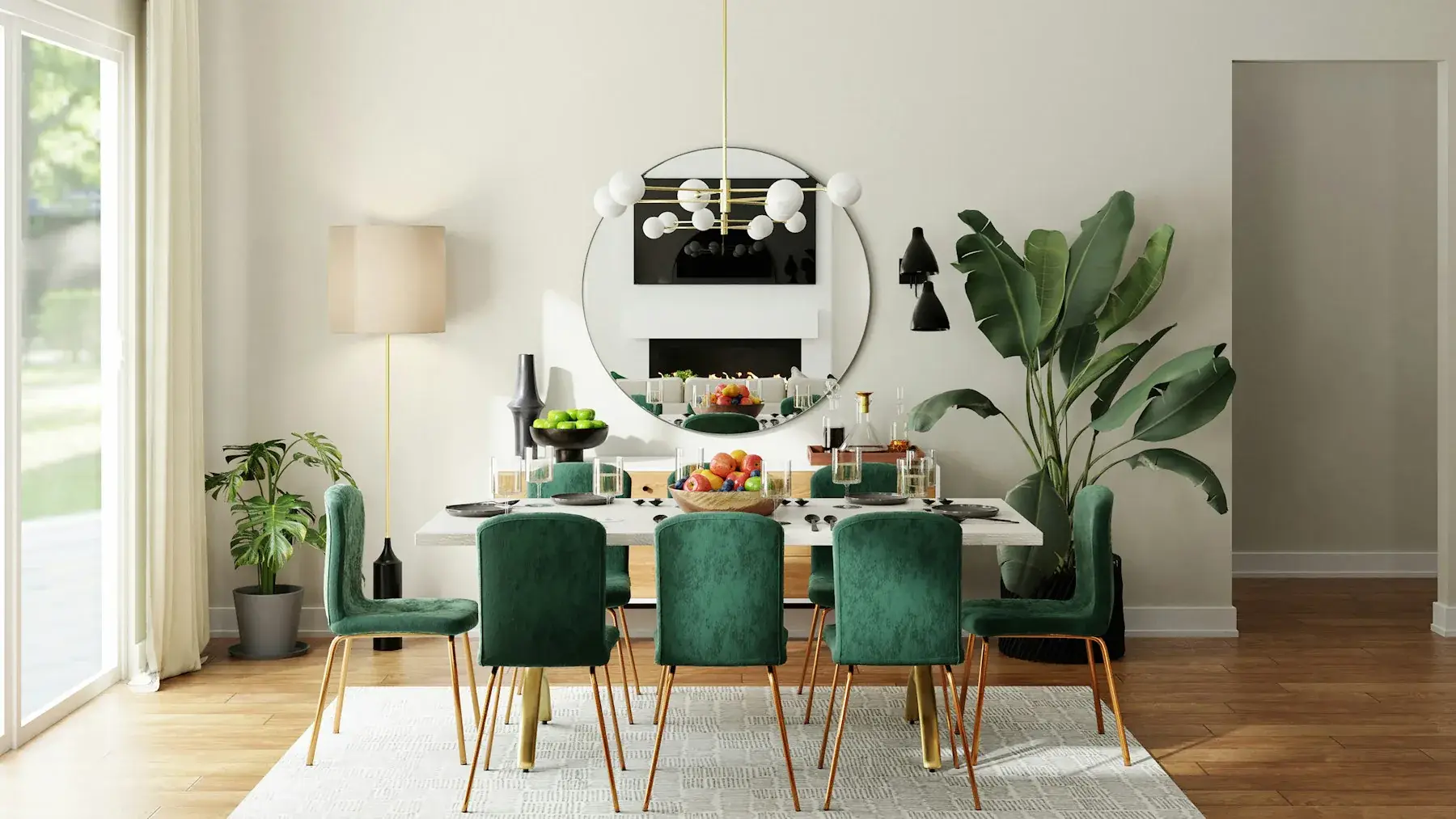 Dining room with green chairs