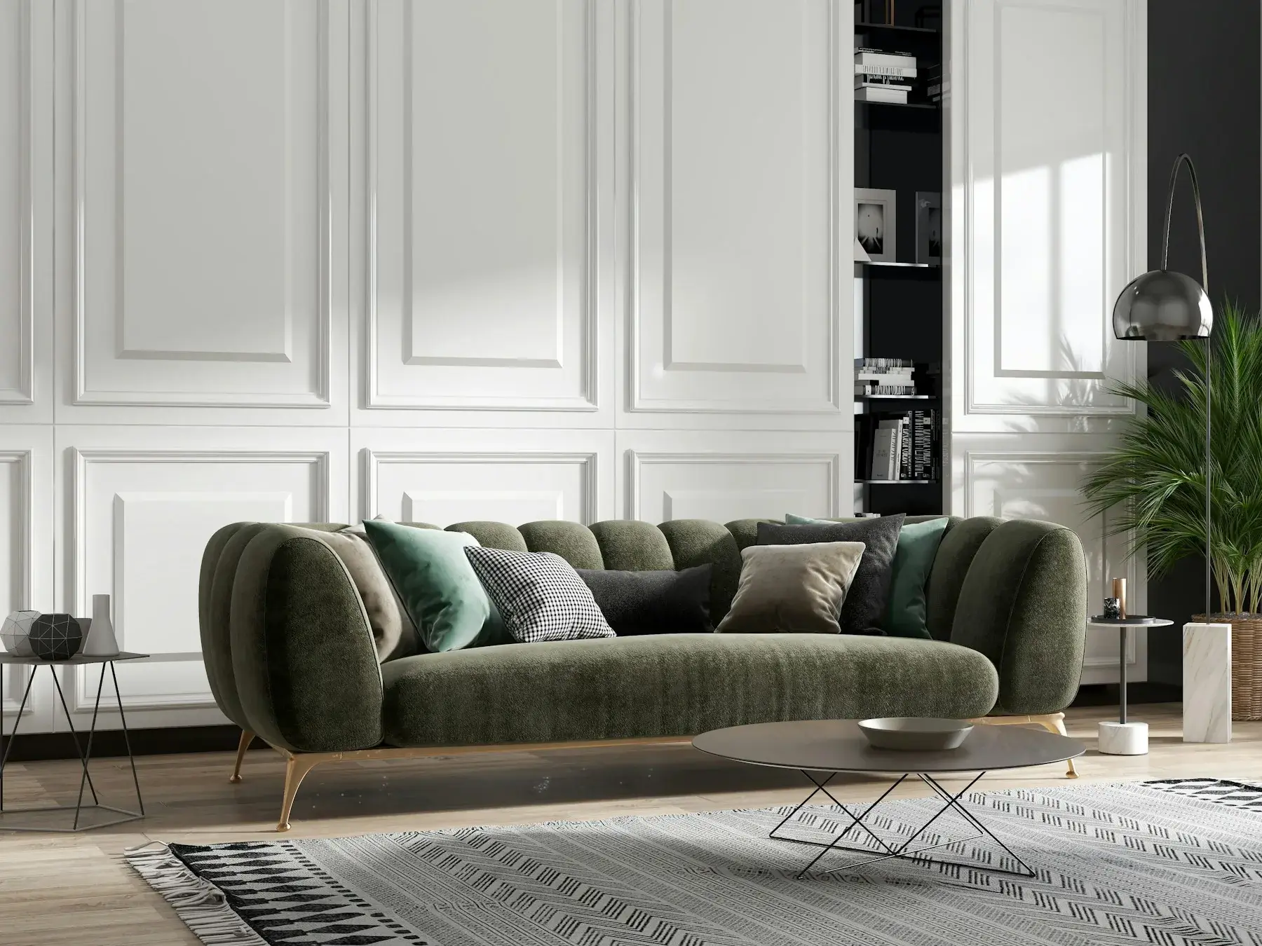 Green sofa in a panelled room